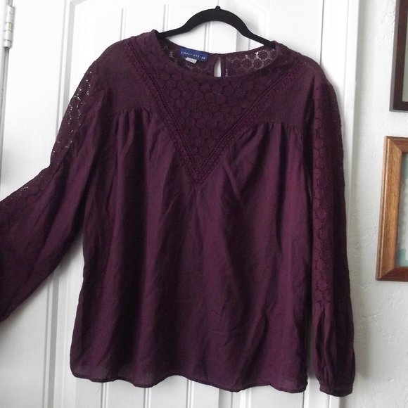 Simply Styled Tops - Purple Long Sleeve Peasant Top Blouse Sheer Lace with Lace